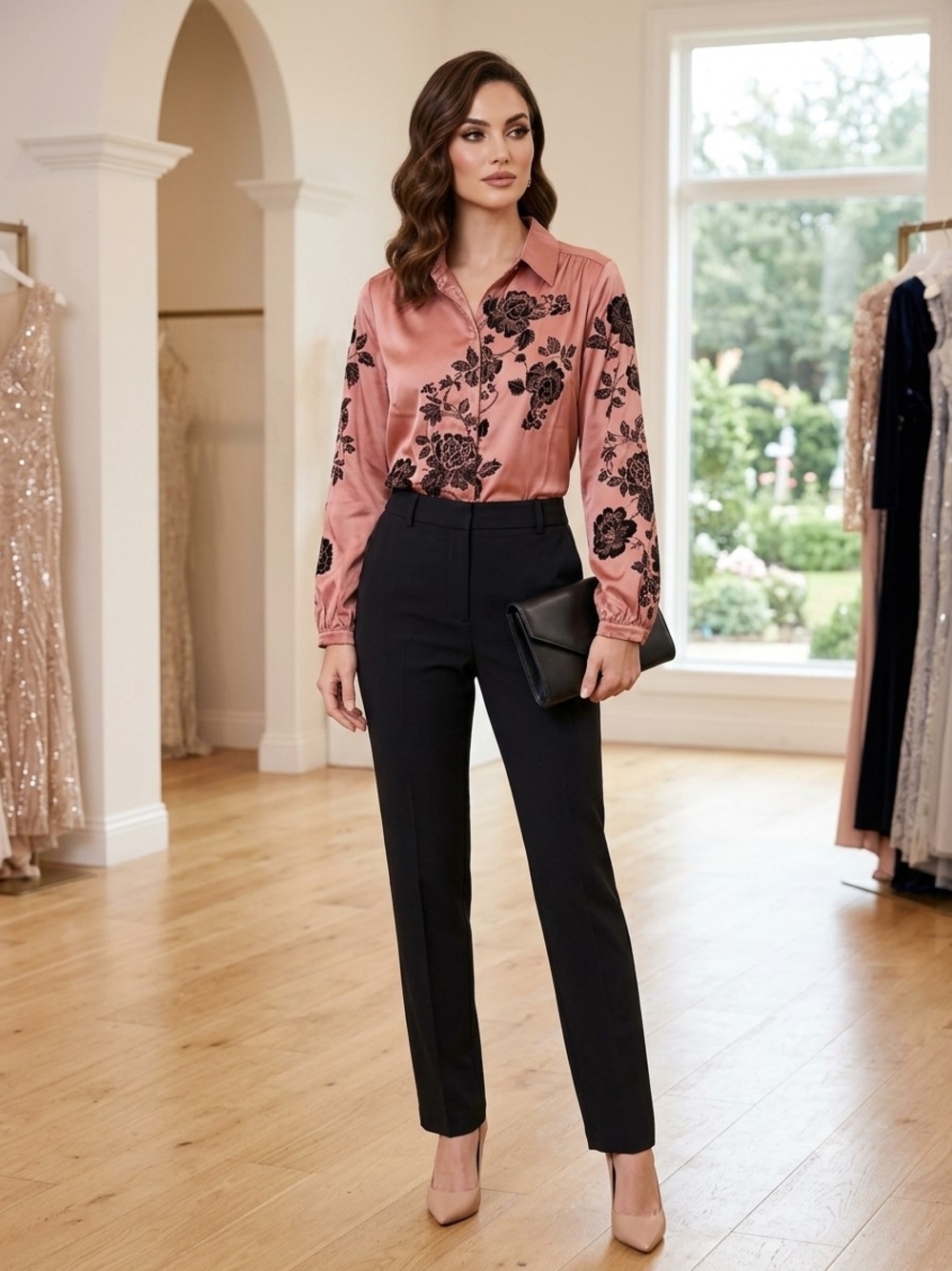 Badgley Mischka Rose Pink Satin Button-Up with Black Floral Burnout